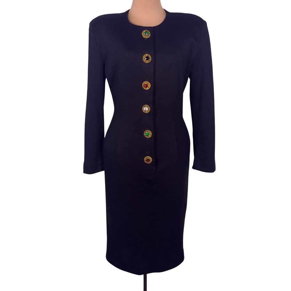 Vtg Talbots SantaFe Dress Women 12 Black Ornate Cabochon Buttons Sheath Cocktail